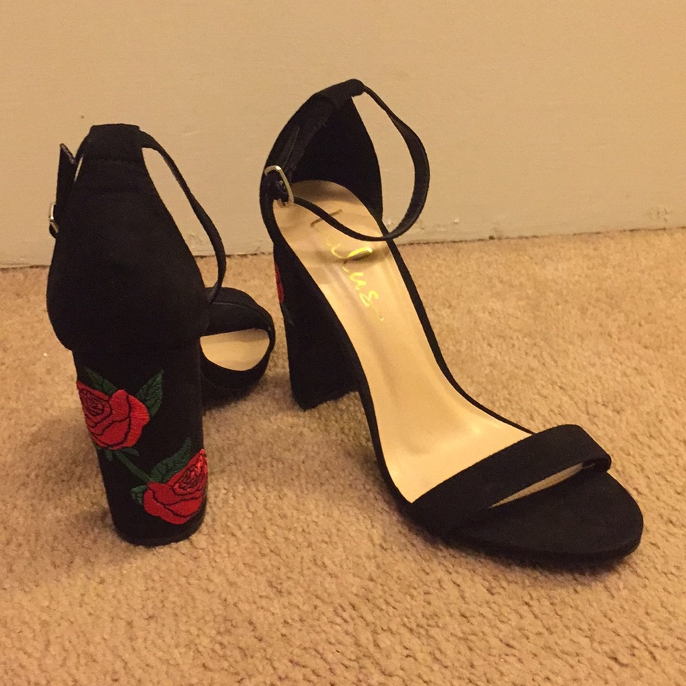 Felora Black Suede Embroidered Ankle Strap Heels